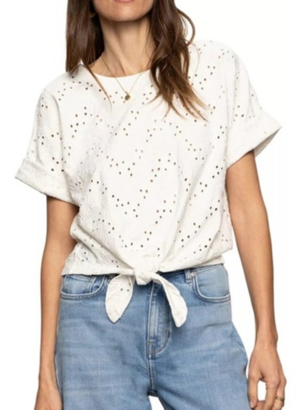 Sanctuary White Eyelet Embroidered Tie Front Top Size Large 100% Cotton